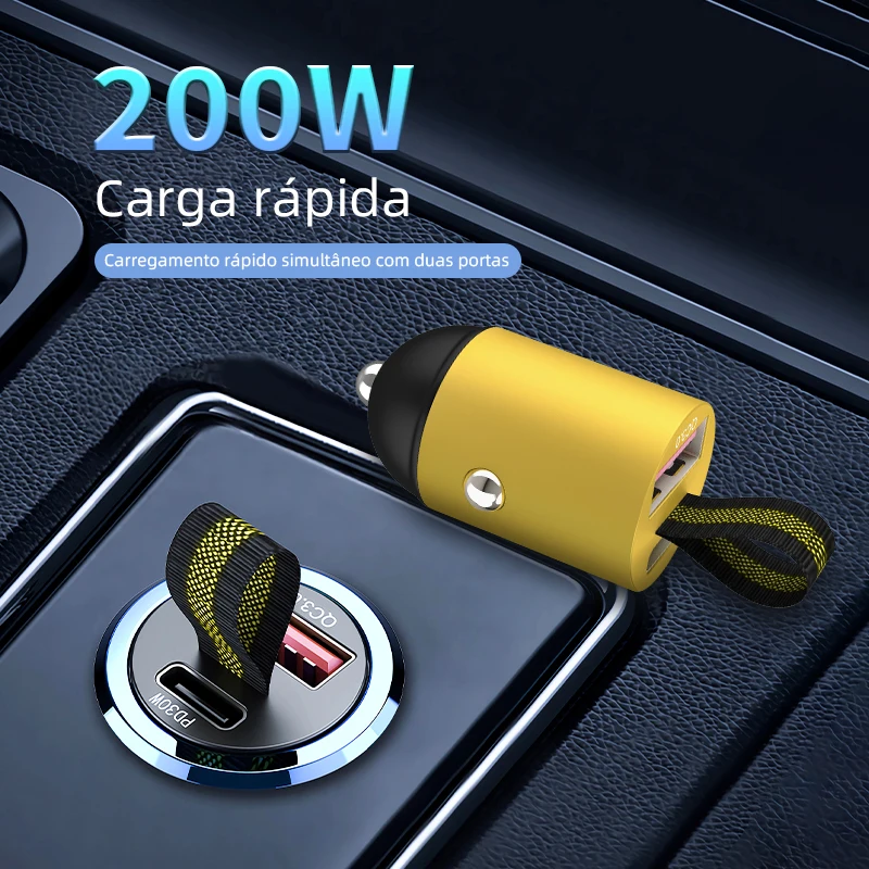 200W Mini USB Carregador de carro Super Fast Charging Type-C PD Quick Charge Car Phone Charger Adapter para iPhone 15 Huawei Samsung