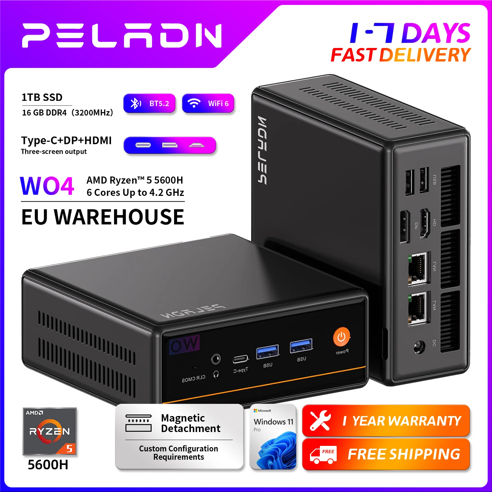 PELADN WO-4 Gaming-Mini-PC, AMD Ryzen 5 5600H (6C/12T, bis zu 4,2 GHz), 32 GB DDR4/1 TB SSD, Typ-C/DP/HD, WiFi6 4K/60 Hz Dreifach-Display