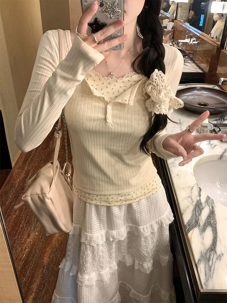 Floral Patchwork Long Sleeve T-shirt False Two-piece Lace Women Top 2025 Spring Slimming T-shirt Fashion Korean Style Clothing