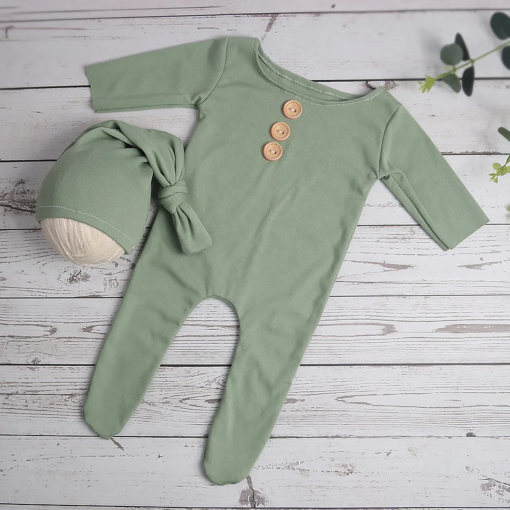 Ylsteed ทารกแรกเกิดการถ่ายภาพ Props ปุ่ม Footed Jumpsuit กับ Sleepy หมวกทารก Photo Props Pic Idea