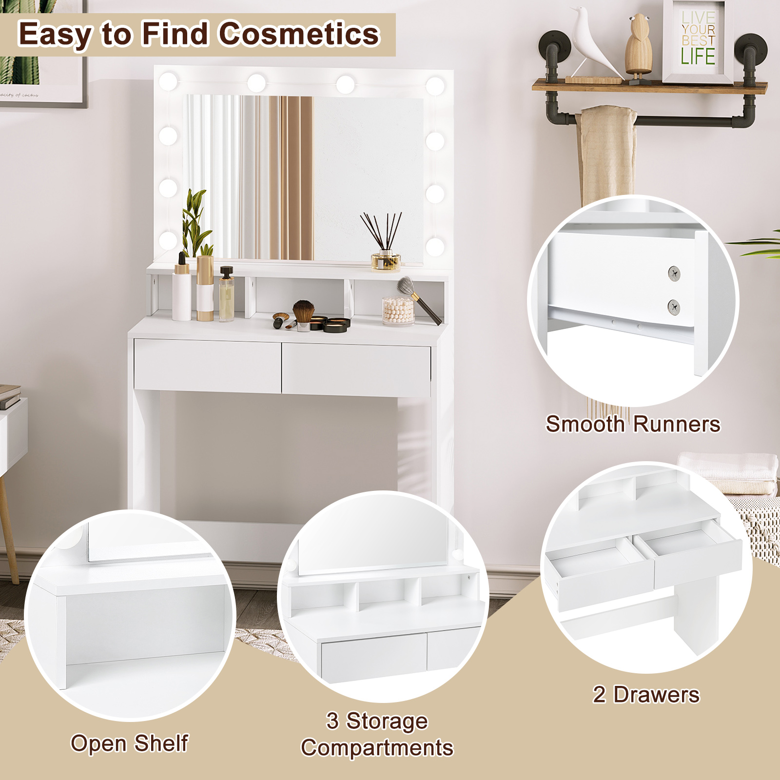 White Wooden Dressing Table Make up Cosmetic Table  with Adjustable LED Lighting Mirror vanity dresser for Gilrs  Women Bedroom