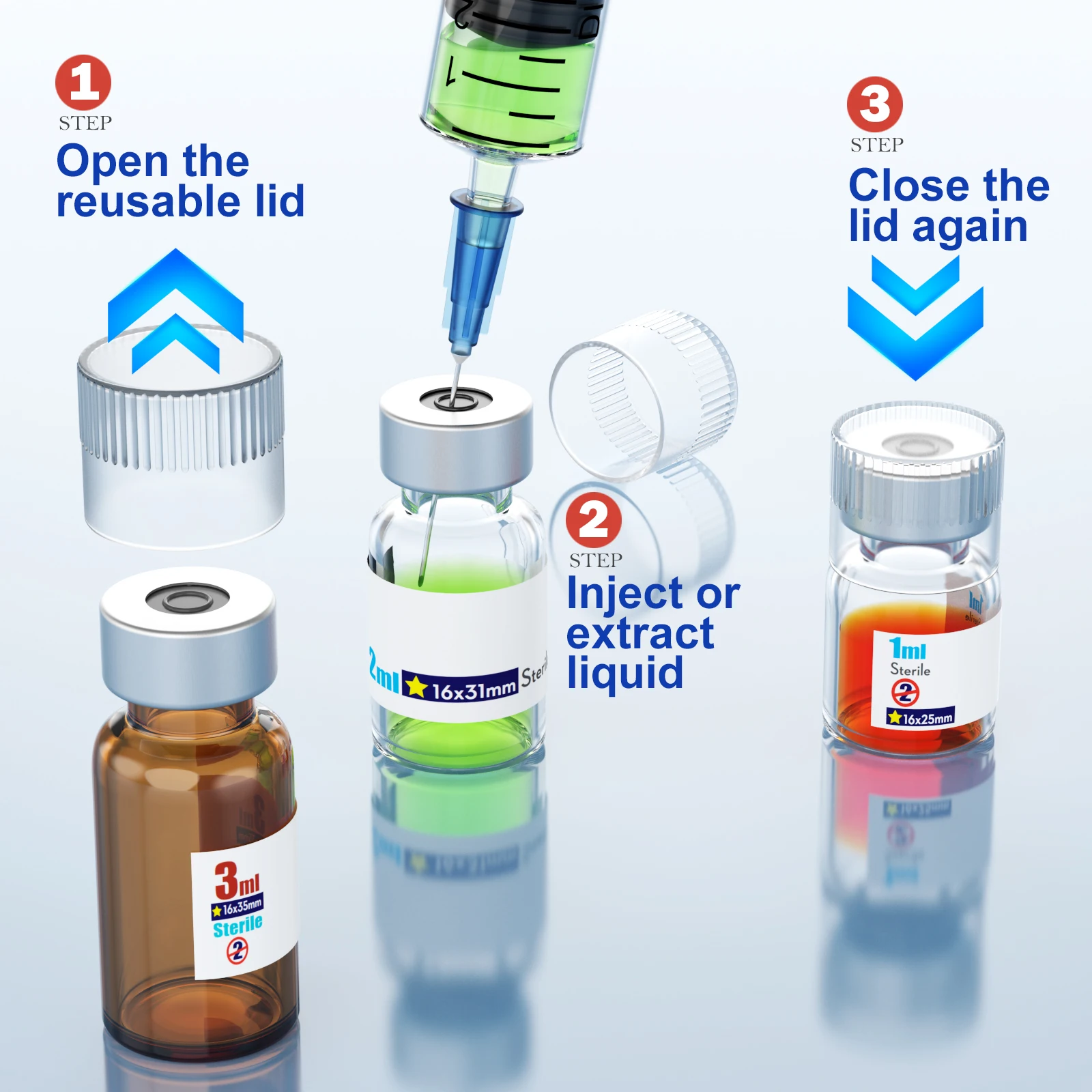 Sterile Empty Vials With Reuse Cap And 13 /20 mm Self Healing Injection Port,Buckle Glass Vials ,Sterile Package,Amber