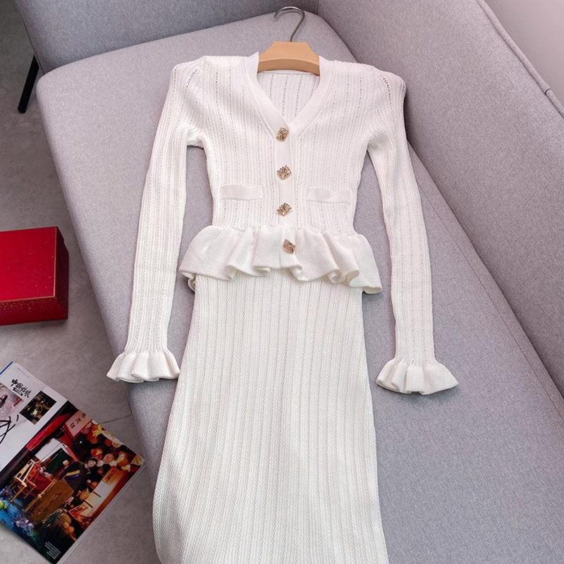 YuooMuoo-Vestido largo de punto de una pieza para mujer, Vestido elegante con cuello en V y volantes, cintura ajustada, suéter ajustado, Vestido de fiesta