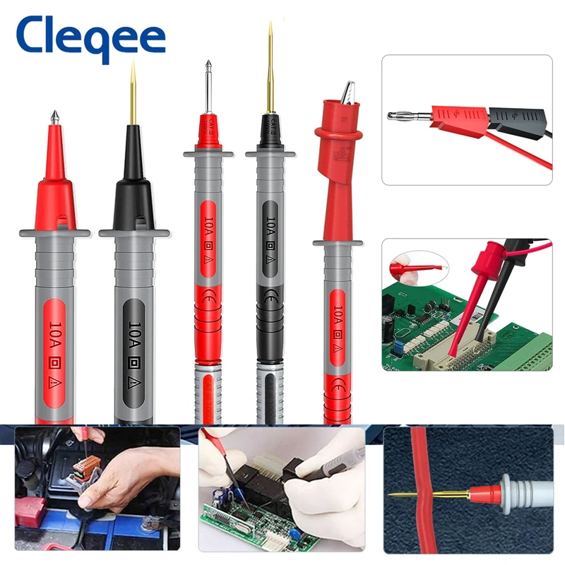Cleqee P1308B Kit de cables de prueba para multímetro, 18 Uds., con agujas reemplazables, pinzas de cocodrilo, conector Banana de 4mm para probar el juego de Clips de gancho