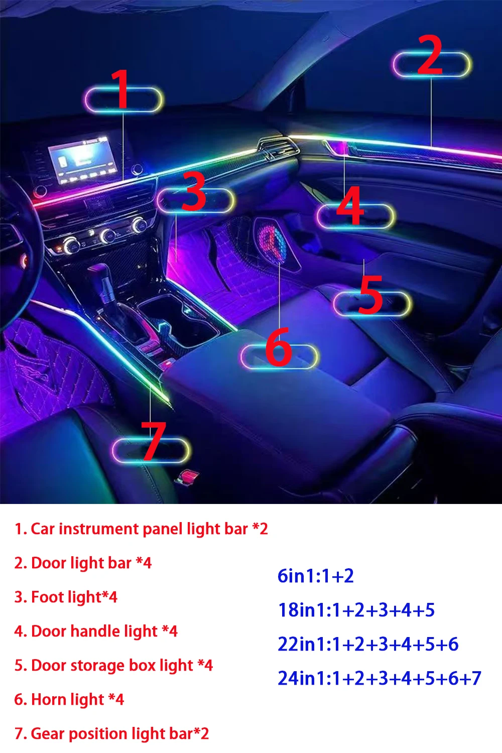 10/14/18 em 1 led luzes ambientais do carro 213 64 cores rgb sinfonia streamer bluetooth arco-íris tiras acrílicas kit de lâmpada atmosfera 12v