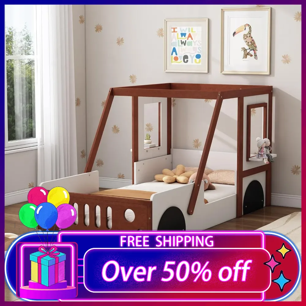 Twin Size Car Bed Frame for Kids,Wood Floor Bed,Twin Platform Bed with Wheels&Door Design,Fun Play Twin Bed for Boys Girls Kids
