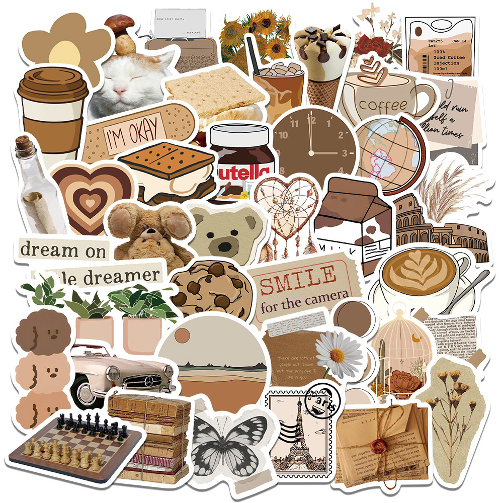 10/30/50Pcs Retro Brown Waterproof Graffiti Sticker Aesthetic Decorative Luggage Laptop Cup Guitar Phone Scrapbook Kid Stickers
