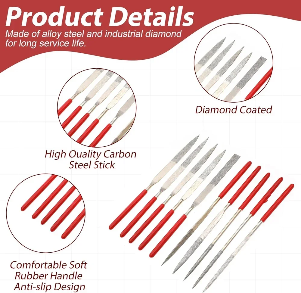 10 Pz Set di lime ad ago diamantate 3x140mm Mini kit di lime ad ago per pietra, vetro, metallo, intaglio, utensili manuali artigianali, set di lime ad ago
