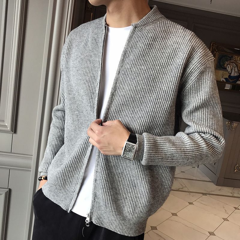 2023 nova primavera e outono edição coreana tendência gola cor sólida pit stripe fino encaixe high-end camisola masculina cardigan