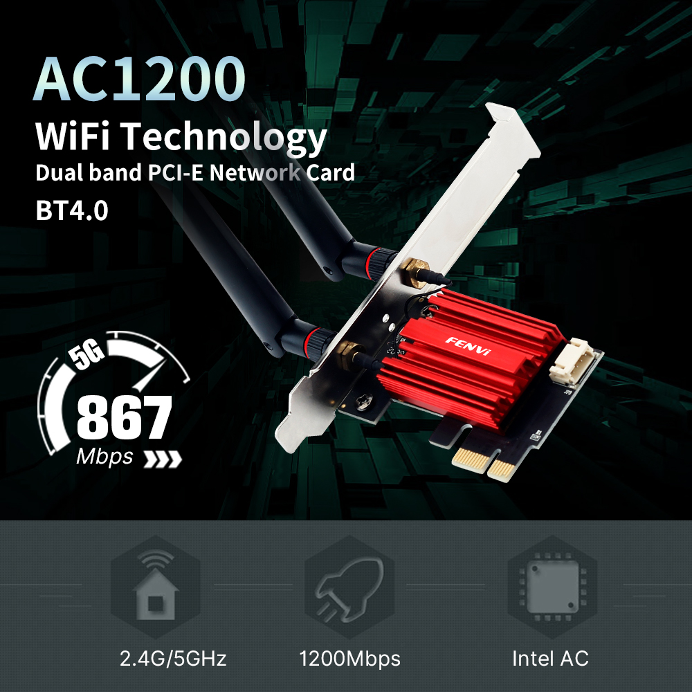 Fenvi-WiFi PCI-E Adaptador Sem Fio, 1200Mbps, Bluetooth 4.0, Banda Dupla, 2.4G, 5GHz, AC1200, Placa de Rede para Desktop, PC, Win 7, 8, 10, 11