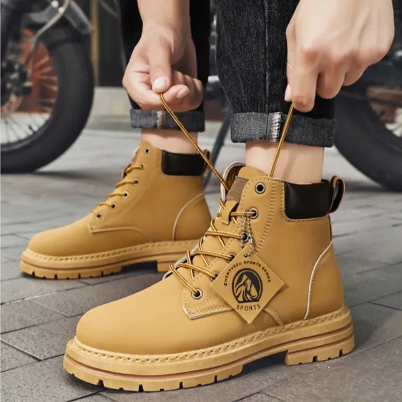 Botas altas para Hombre, botines de motocicleta a la moda, Botas de cuero impermeables para Hombre, Botas de plataforma con cordones, Botas de talla grande para Hombre