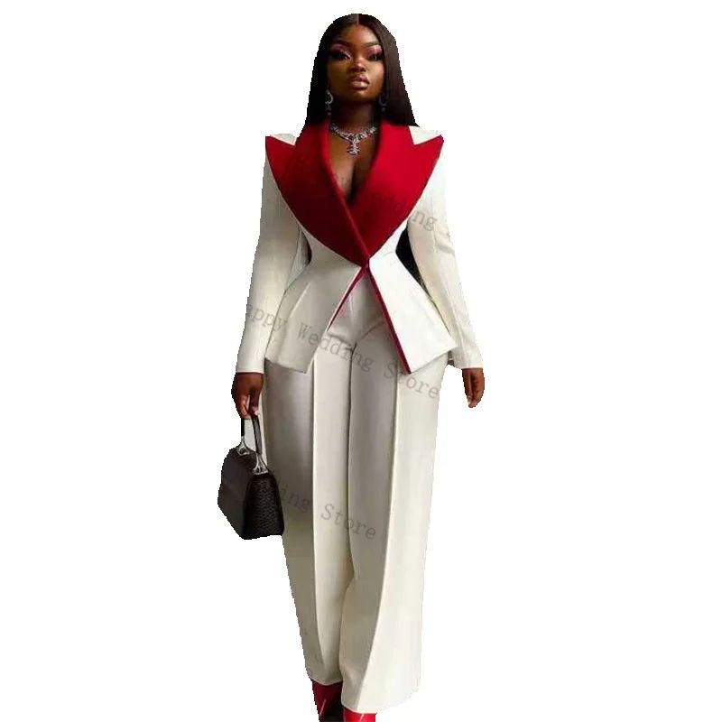 Witte vrouwen pak set 2-delige blazer + broek broek rode revers katoen formeel kantoor zakelijk dame jas aangepaste bruiloft jas
