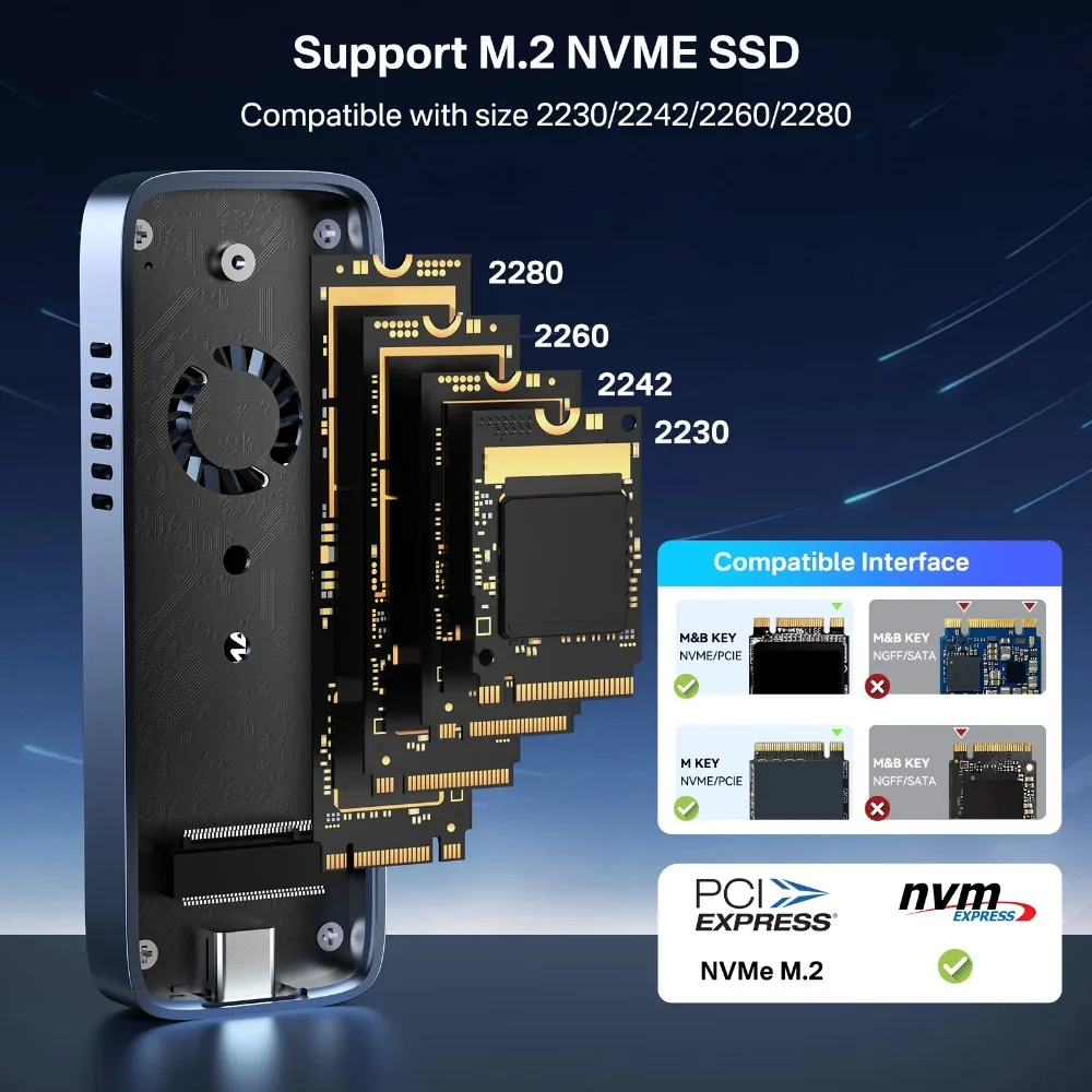 Корпус ACASIS 10 Гбит/с M.2 NVME SSD Встроенный охлаждающий вентилятор Type-C M2 PCIE NVME SSD-бокс для 2230 2242 2260 2280 nvme ssd Case