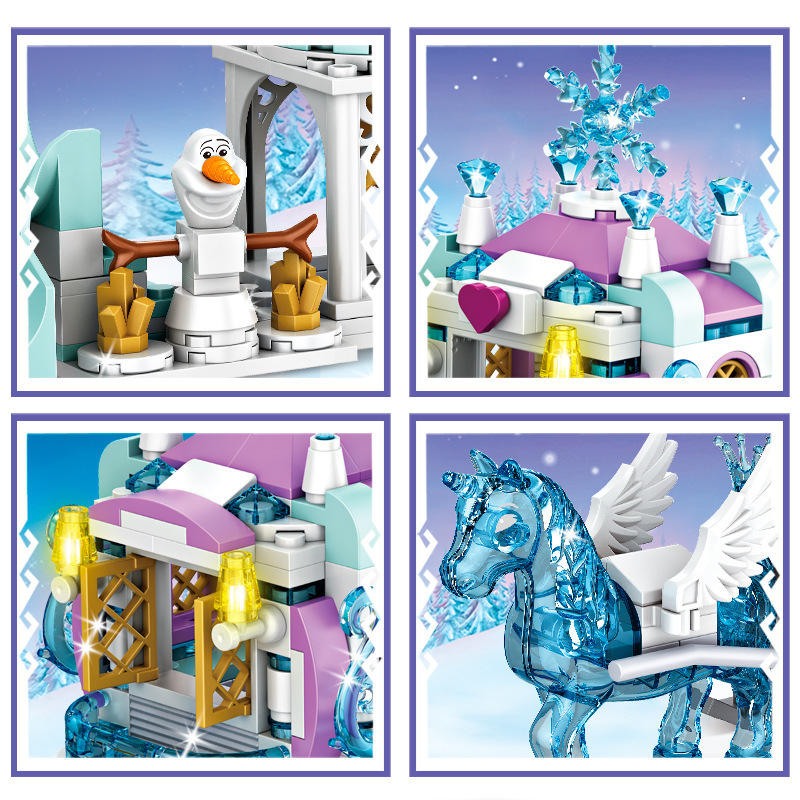 เพื่อนเจ้าหญิงหรูหราปราสาทน้ําแข็งสนามเด็กเล่น House ภาพยนตร์ฤดูหนาว Snow Horse Figures Building Blocks ชุดของเล่นสําหรับหญิง DIY ของขวัญ