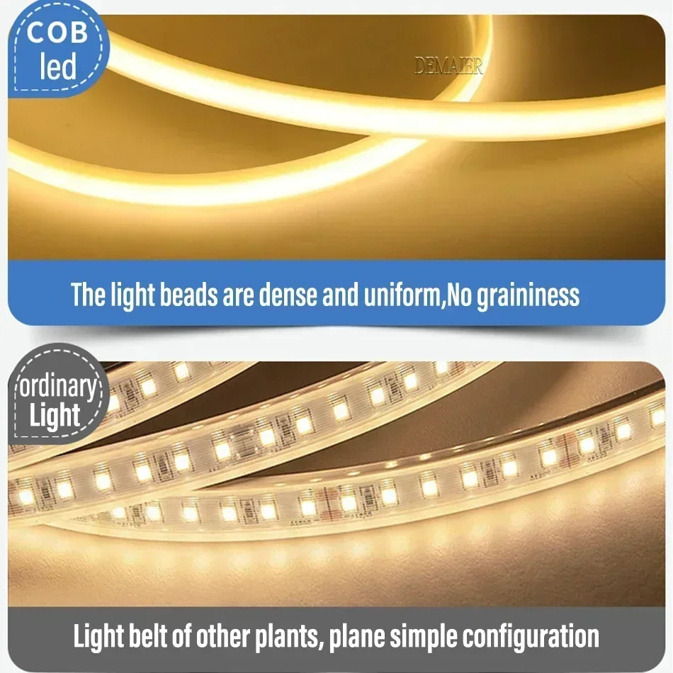 Tira de luces LED COB de 1M-100M, 220V, 110V, superbrillante, 360LEDs/m, resistente al agua con interruptor de fuente de alimentación UE/EE. UU., lámpara Flexible para exteriores