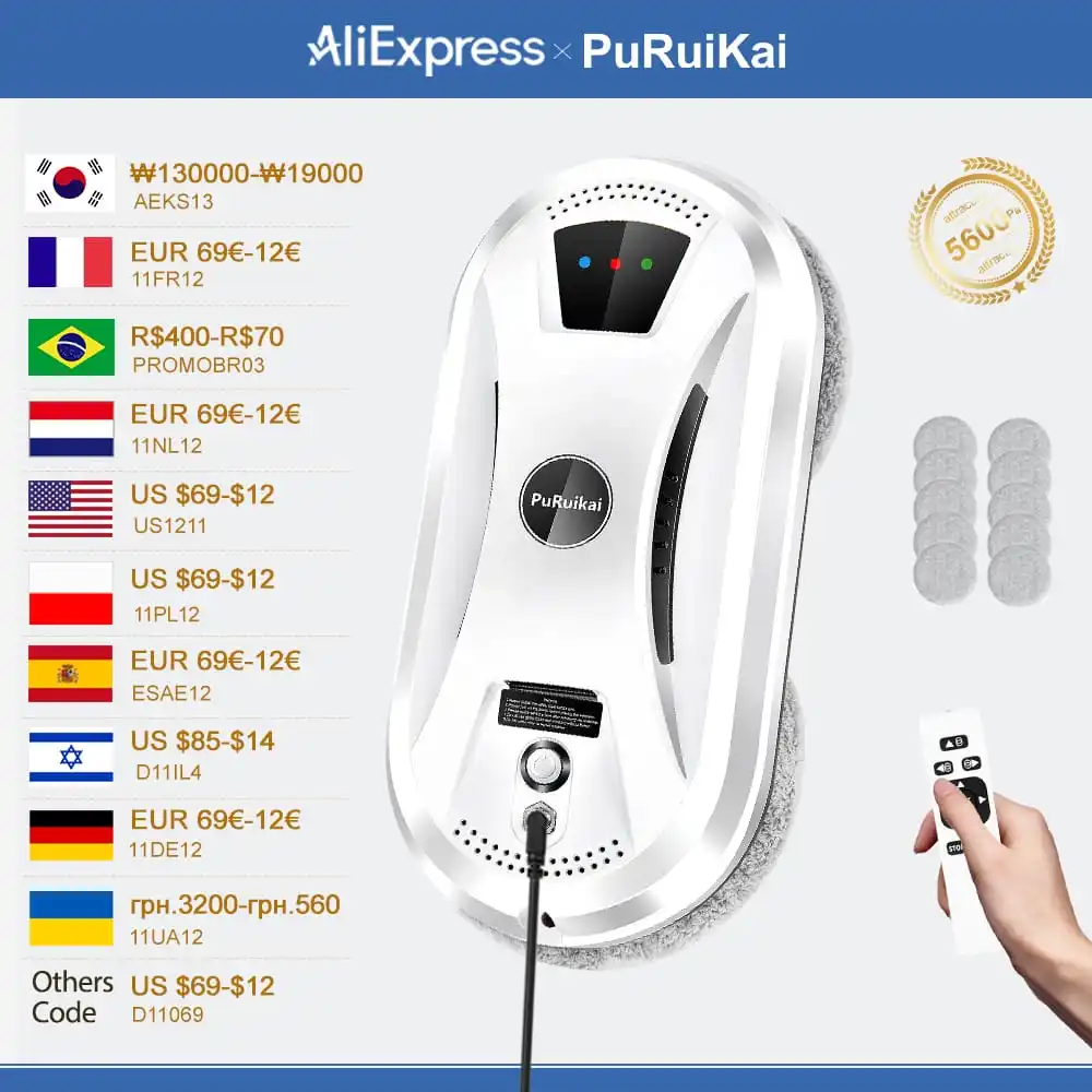 PuRuiKai-Robot de limpieza de ventanas para el hogar, aspirador de vidrio inteligente, máquina de limpieza de paredes de vidrio con una sola tecla