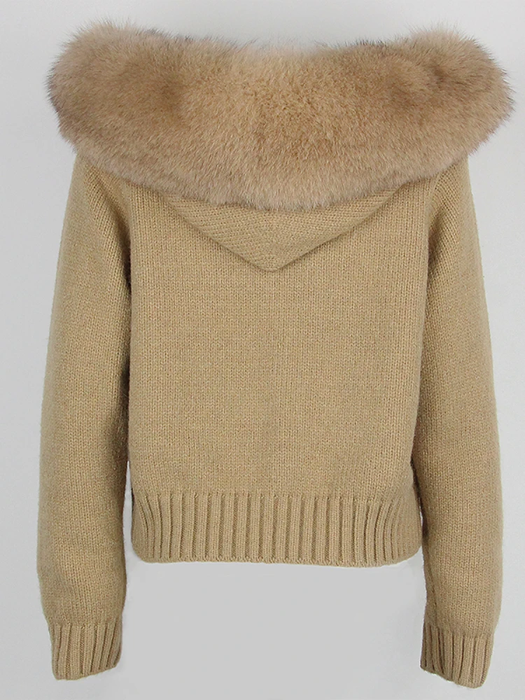 Oftbuy 2023 nova moda outono inverno casual com capuz gola de pele de raposa real jaqueta curta de malha com casaco quente natural para mulher