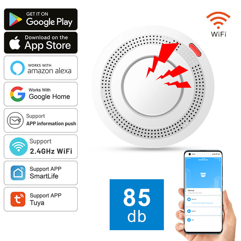 Tuya Smart WiFi Rauchsensor 360° °   Branderkennung 85 dB akustischer Alarm mit SmartLife APP-Steuerung Alexa/Google Home-Kompatibilität