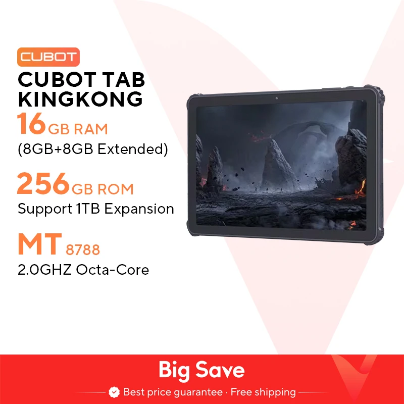 Cubot TAB KINGKONG, robustes Tablet Android 13, IP68 wasserdicht, 16 GB RAM (8 GB + 8 GB erweitert), 256 GB ROM, 10,1-Zoll-FHD+-Bildschirm, 10600-mAh-Akku, OTG, GPS, Octa-Core, Dual 4G, Dual-Lautsprecher, 16-MP-Kamera