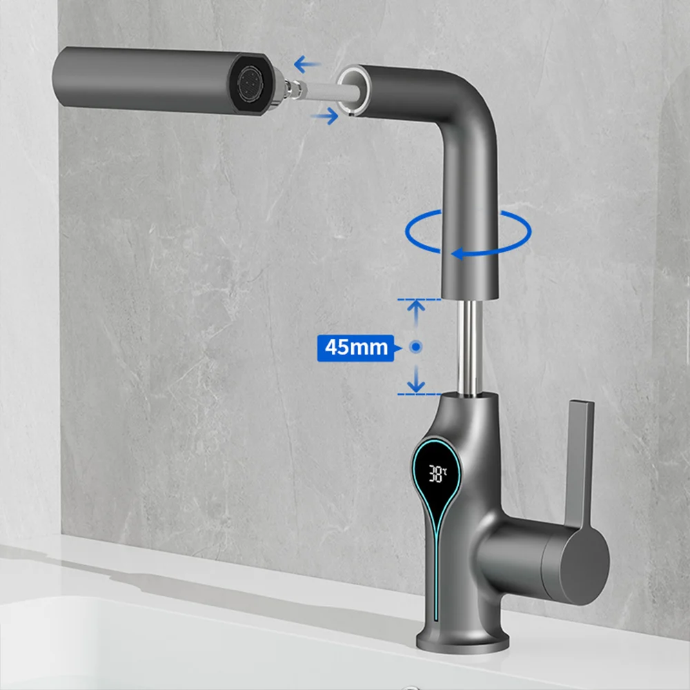 Wasserfall Temperatur Digital Display Becken Wasserhahn Lift Up Down Stream Sprayer Heißes Kaltes Wasser Waschbecken Mixer Waschen Wasserhahn Für Badezimmer