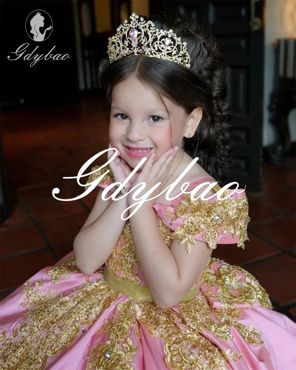 Luxus goldene Applikation voller Ball Prinzessin Hochzeits feier Blumen mädchen Kleid von der Schulter boden lang Erstkommunion Kleid neu