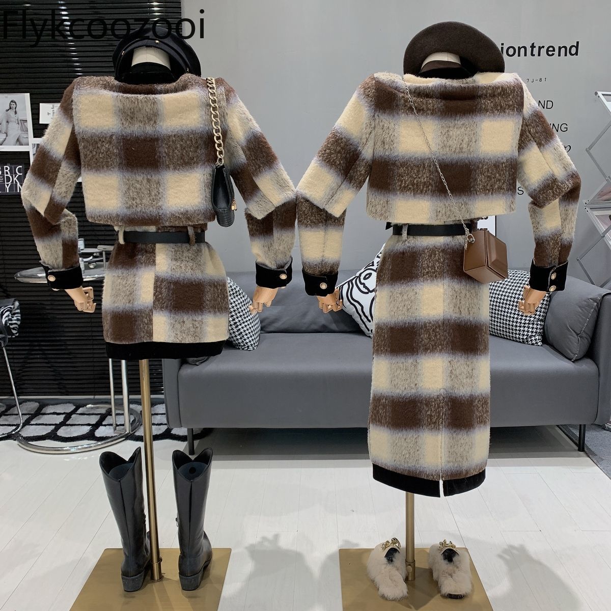 Karierter Bogen mantel hoher Gürtel tasche Hüftrock zweiteiliger Anzug conjunto femenino roupa elegante Kostüm deux Stücke femme