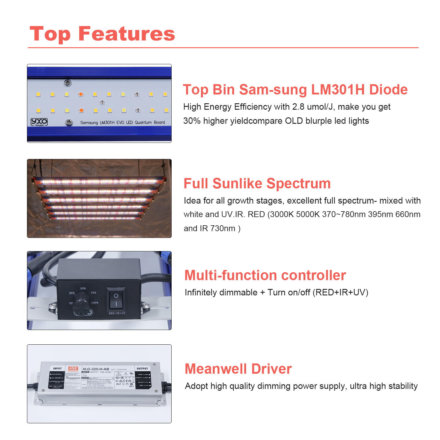 屋内植物成長用のフルスペクトルLEDライト,高ppfd,650w,1000w,lm301h,240w,320w,開花