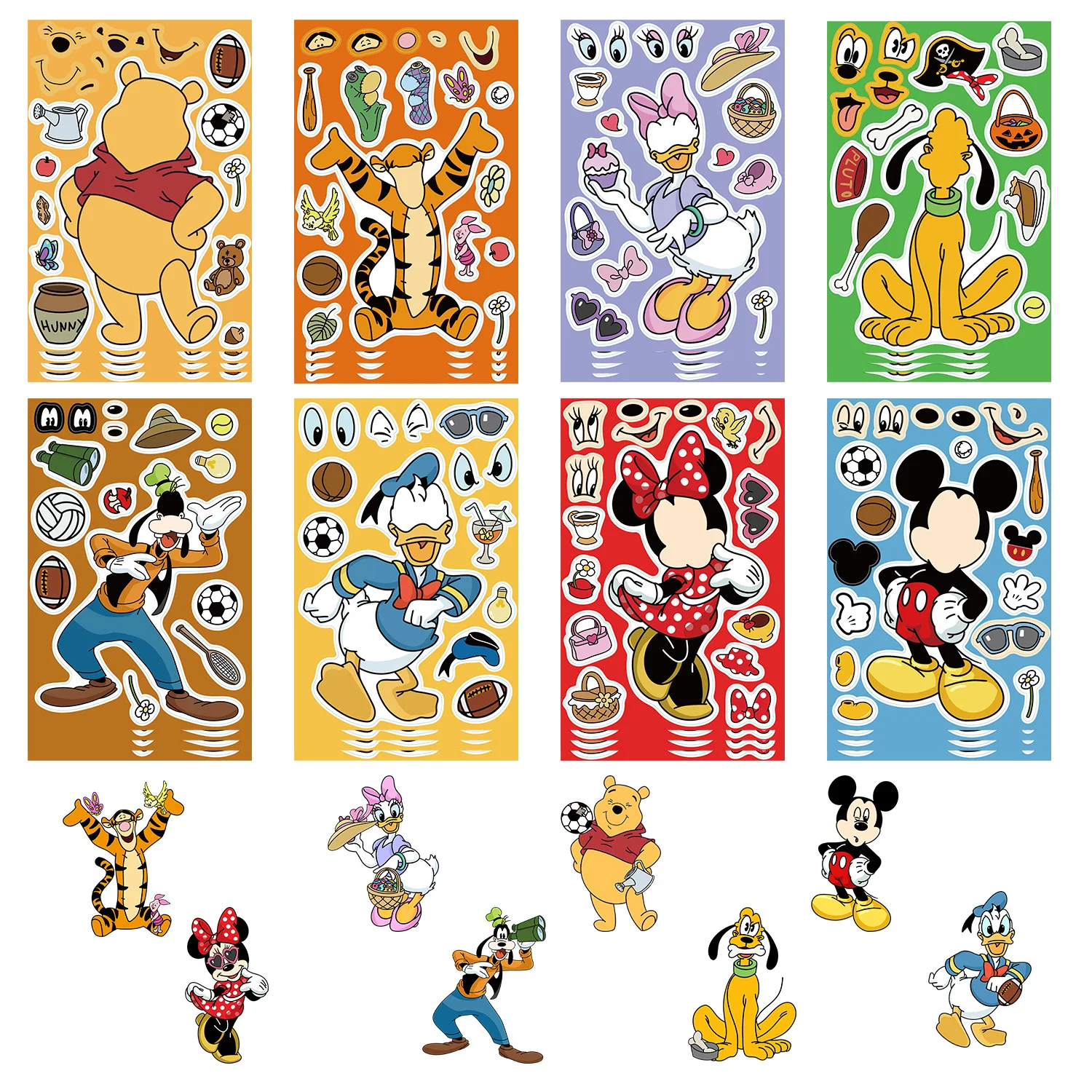 8 hojas de pegatinas de rompecabezas de Disney Make A Face, Mickey, Minnie, Pato Donald, juguetes de rompecabezas para niños, juego divertido, regalo de fiesta