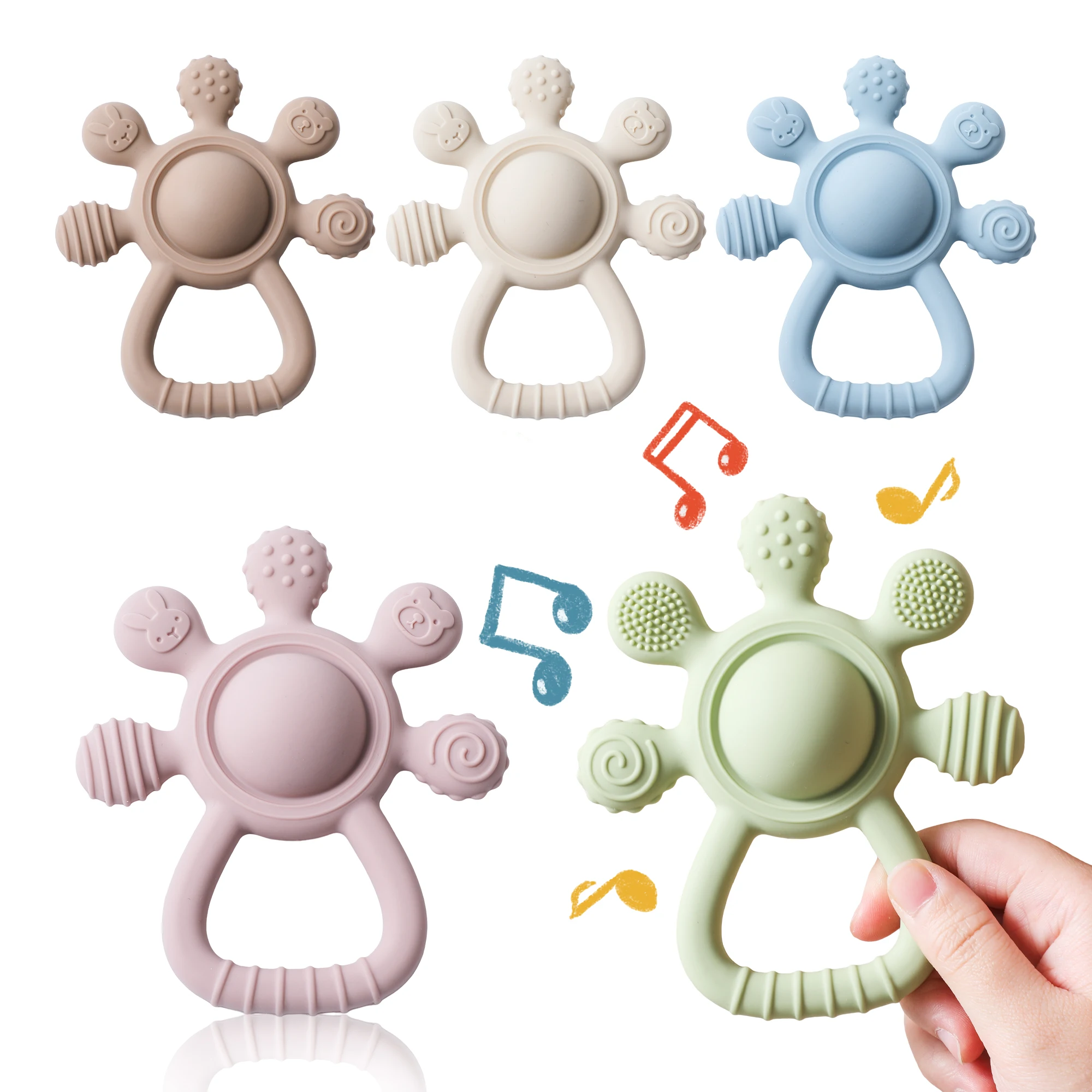 BPA-freier Silikon-Beißring, Lebensmittelqualität, Baby 0–12, Spielzeug, Zahnen, Rassel, sensorisches Spielzeug für Kleinkinder, Silikon-Handglocke, beruhigendes Spielzeug