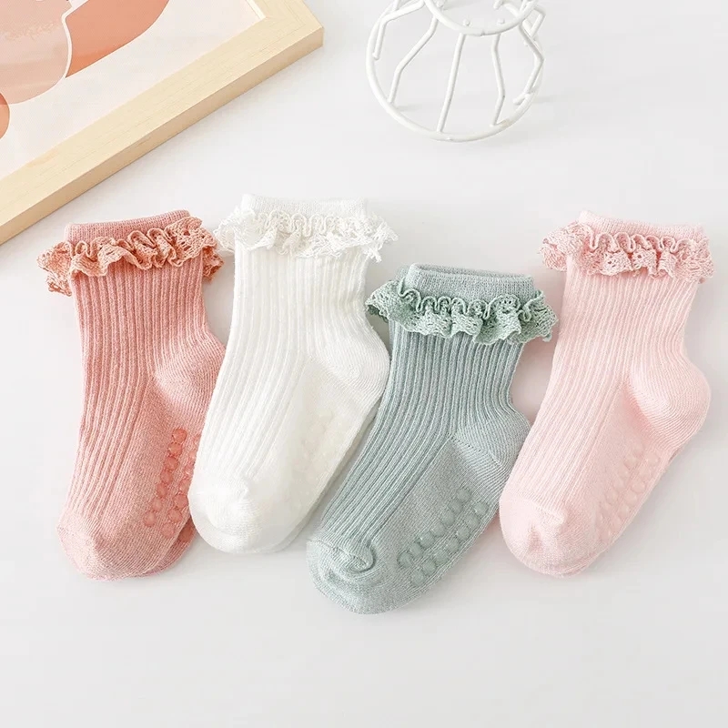 1/3/4/5 pares de calcetines de encaje de Color puro de algodón para niñas pequeñas calcetines antideslizantes para niñas pequeñas calcetines bonitos hasta la rodilla
