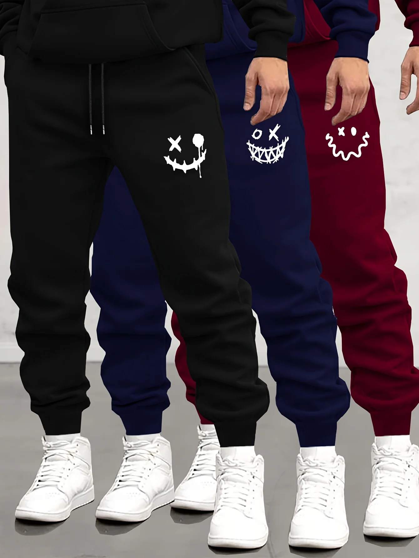 Outono/inverno moletom masculino monstro sorriso impresso rendas moletom masculino calças casuais para uso diário com calças de jogging S-3XL