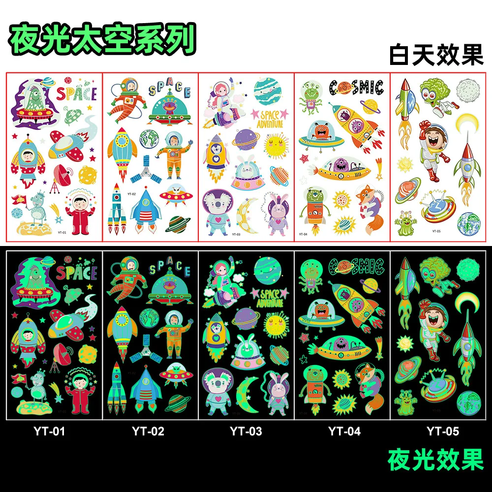 Autocollants de tatouage lumineux temporaire coloré Animal sirène dinosaure licorne espace mignon autocollants de tatouage corps des enfants 5 pièces/ensemble