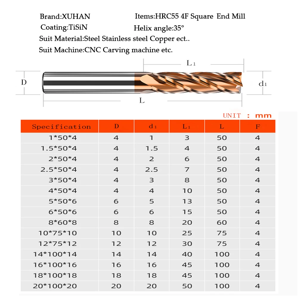 HRC55 Carbide Cấp Cối Xay 1 2 4 5 6 8 10 12Mm 4 Sáo Xay Cắt Hợp Kim Phủ Titan thép Không Gỉ Cắt CNC Maching Endmills