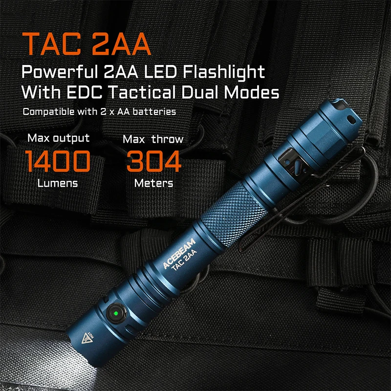 ACEBEAM TAC 2AA linterna LED 1400 lúmenes 304 metros linterna EDC portátil USB-C batería recargable antorcha de doble botón
