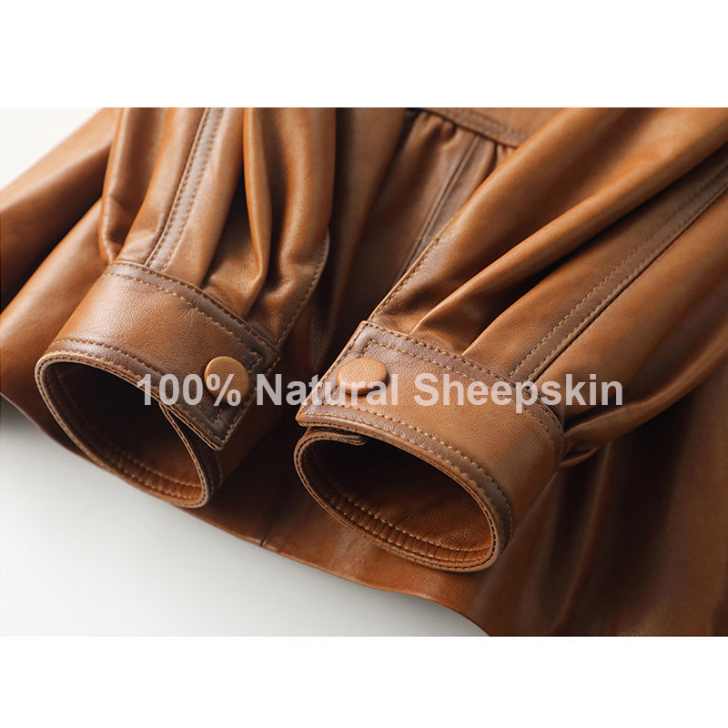 女性用ヴィンテージブラウンレザージャケット,100% 本物のシープスキン,ラペルカラー,ベルト,カジュアルトップ,最初のレイヤー,ファッショナブル