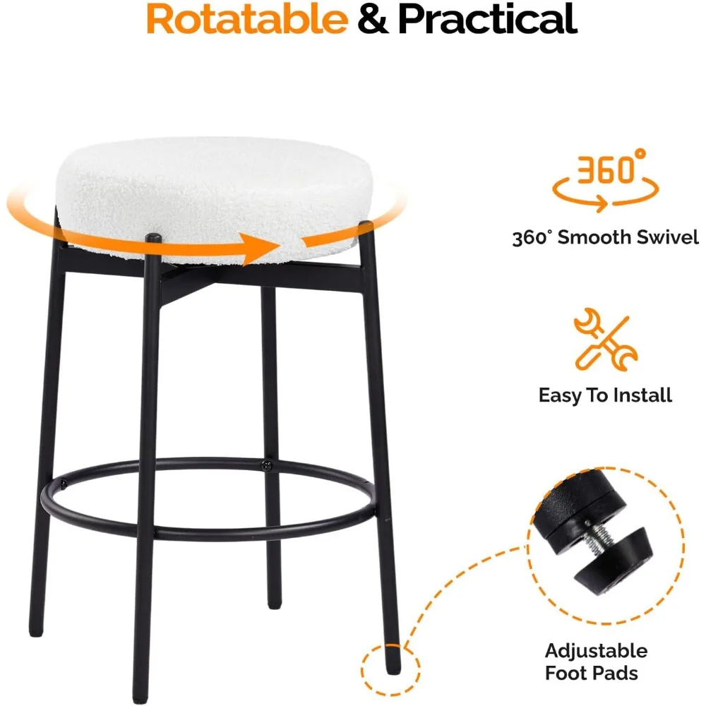 Swivel Round Barstools 24" H Set of 2, Teddy Wool Upholstered Barstool, Backless Kitchen Island Stool, Counter Height Stool