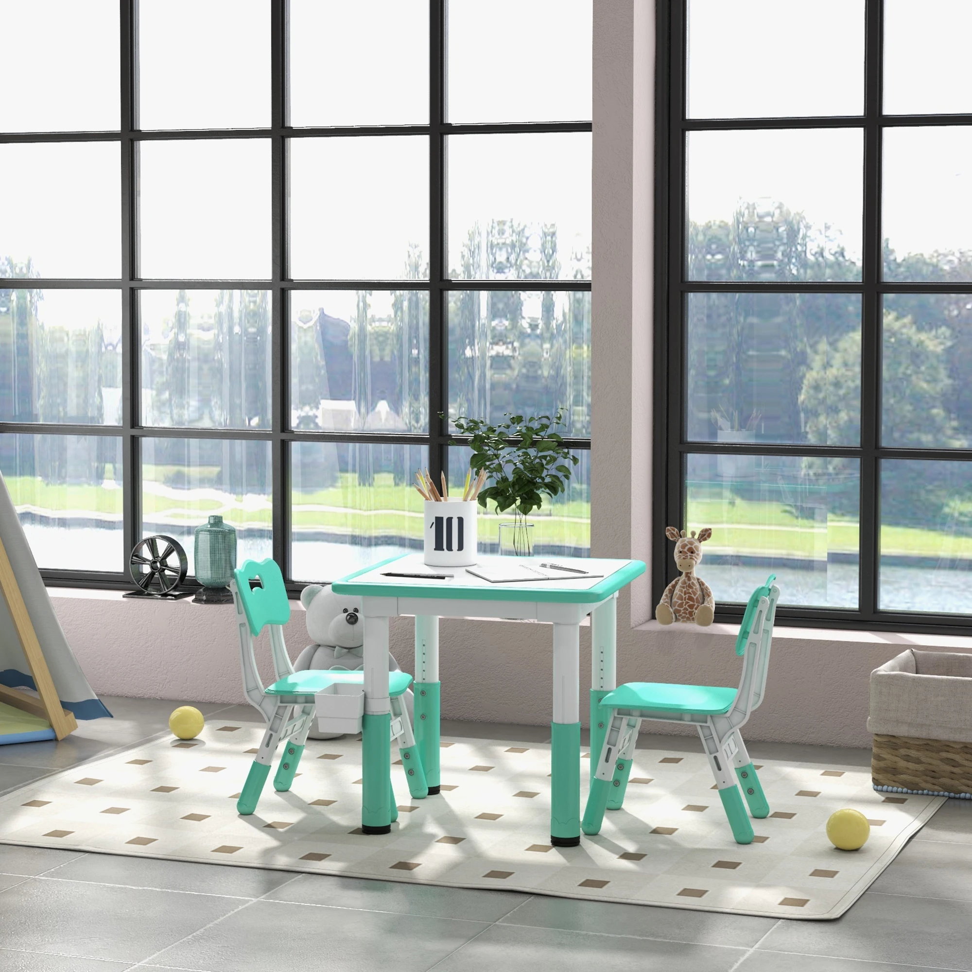 3 Pieces Height Adjustable Kids Table and Chairs for Daycare, Green