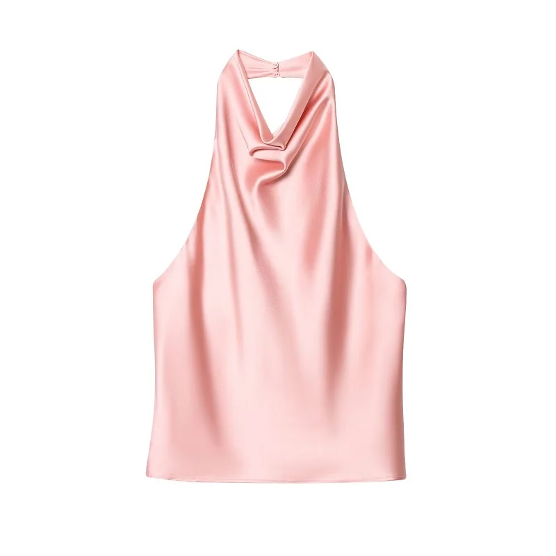 MUJER 2025 Halter Topsผู้หญิงซาตินสีดําBackless Topหญิงสีชมพูฤดูร้อนBeach Topผู้หญิงปิดไหล่Camisole Topผู้หญิง