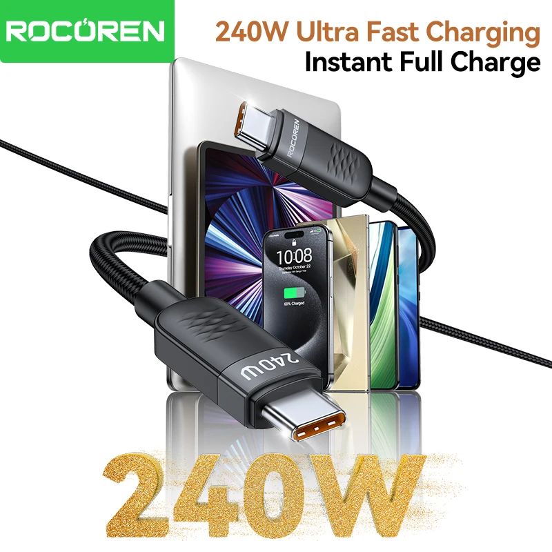 Rocoren 240W USB C 유형 C 고속 충전 데이터 케이블 PD3.1 MacBook iPhone 16 15 Samsung Galaxy S24 용 빠른 충전 유형 C 코드
