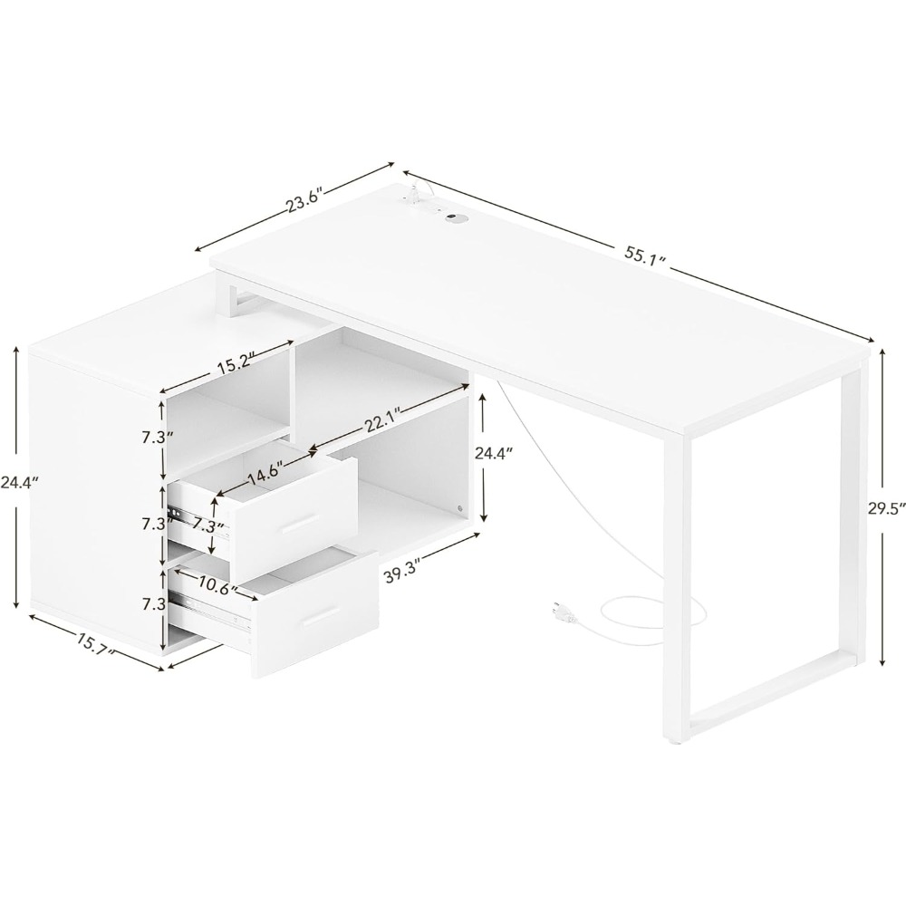 L Shaped Desk with Drawers & Shelves, 55'' Corner Computer Desk, Power Outlets, Reversible PC Table, Storage File Cabinet