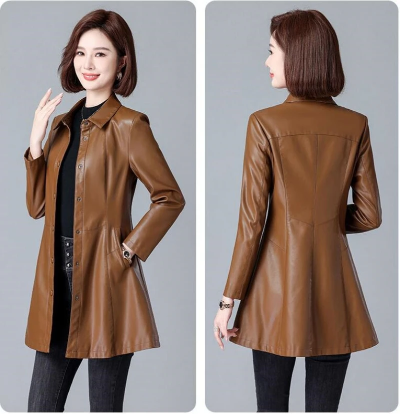 Neue Frauen Leder Trenchcoat Herbst Winter Mode Drehen Unten Kragen Dachte Taste Schlanke mittellange Leder Mantel Split leder