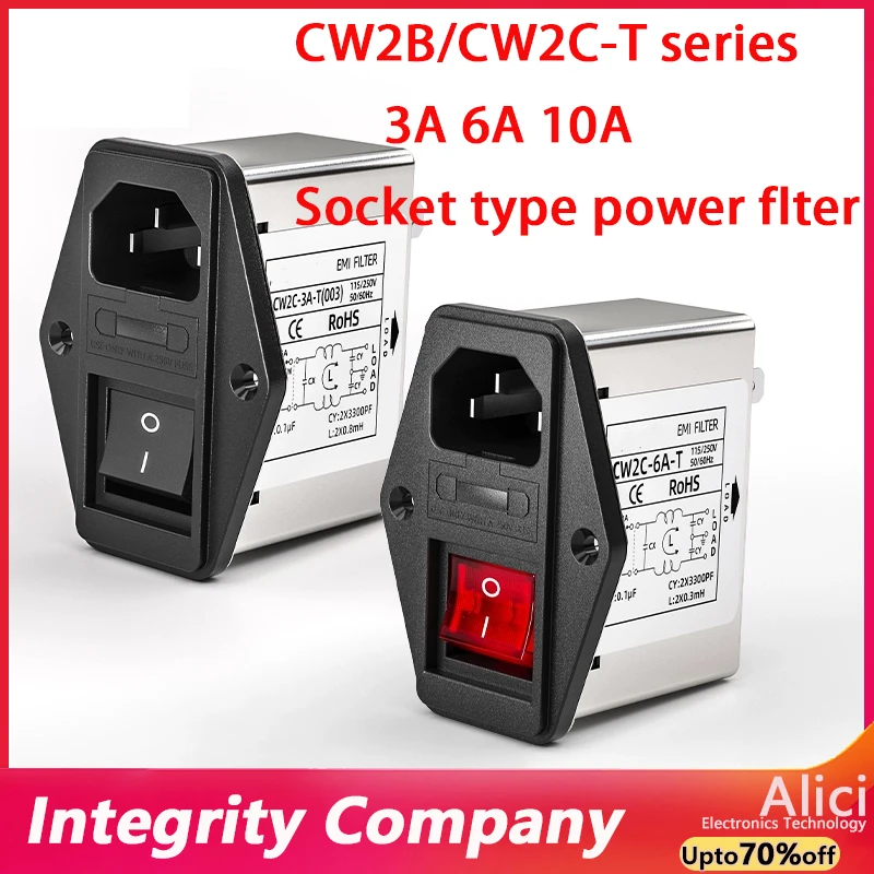 CW2B-3A/ 6A/10A-T power filter CW2C-3/6/10A-T receptacle type purification with dual safety switch with lamp EMI interference