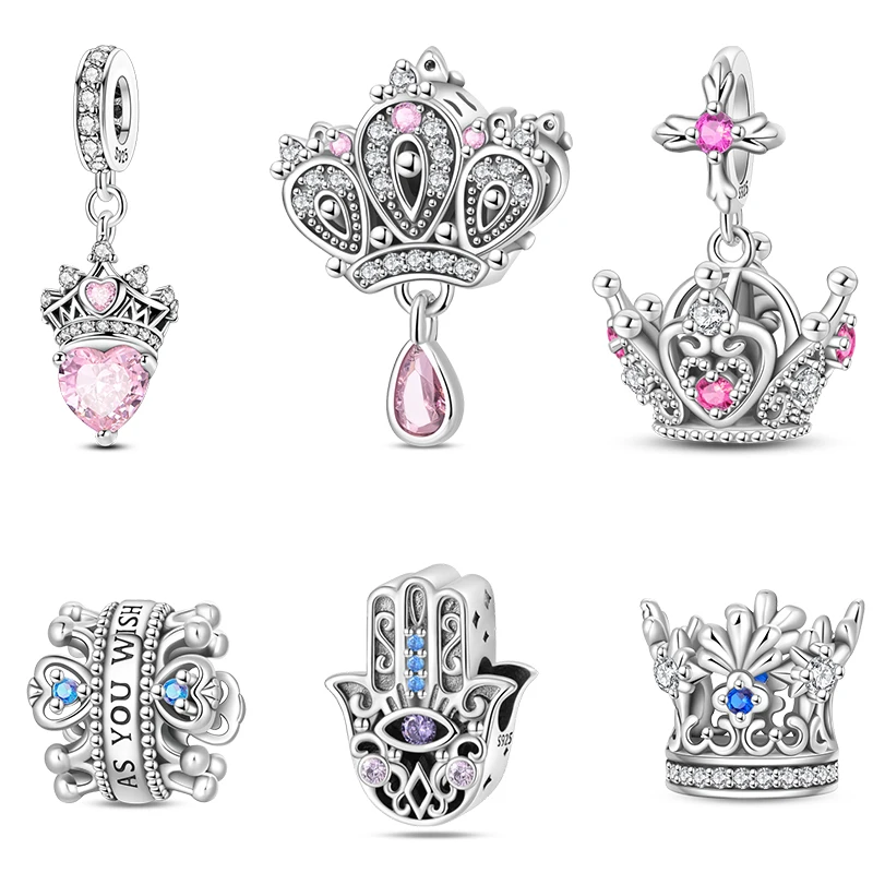 Inlaid Zircon Classical Charm Beads 925 Sterling Silver Crown Palm Heart Shaped Charms for Women Fine DIY Birthday Jewelry Gifts