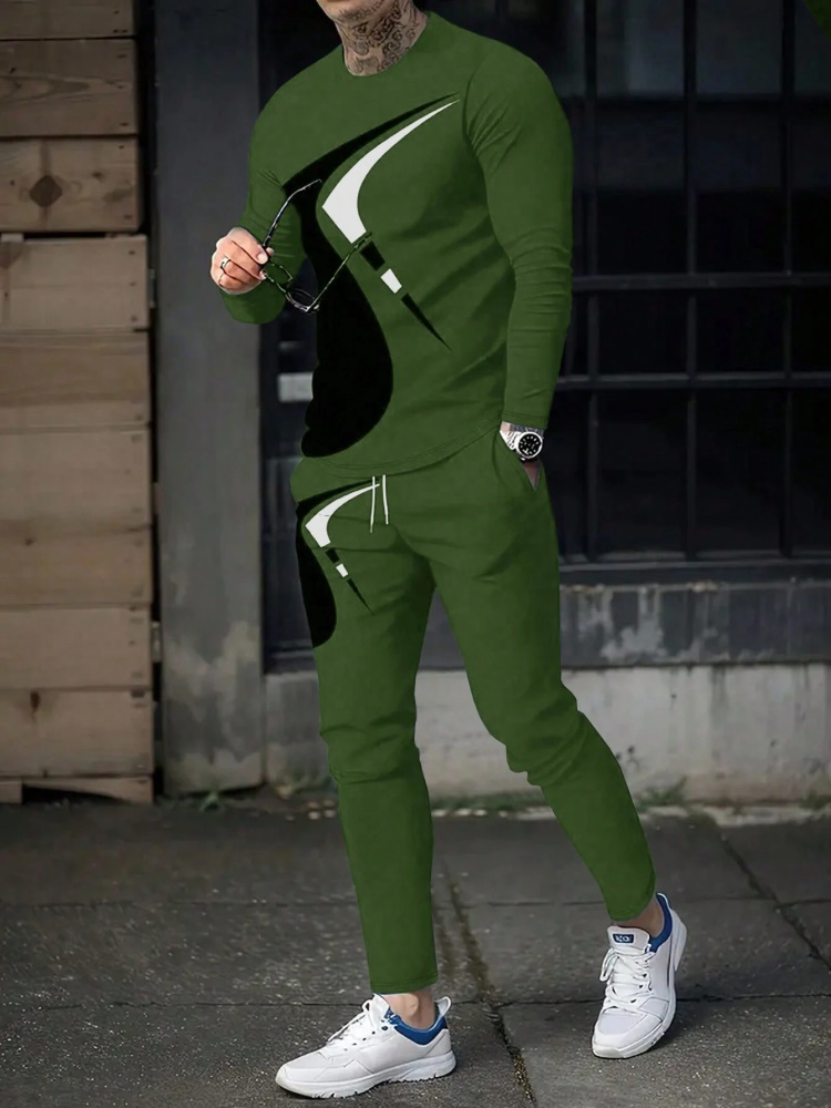 เรขาคณิตพิมพ์ผู้ชายฤดูใบไม้ร่วงแฟชั่น Casual Crew คอเสื้อและกางเกง Urban Street แนวโน้มแฟชั่นชายเสื้อและยาวสไตล์