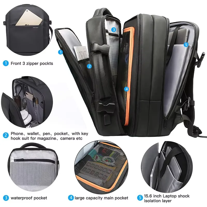 Heroic Knight Travel Backpack Men Business Backpack School Expandable USB Bag Large Capacity 15.6 Laptop Waterproof Backpack Bag