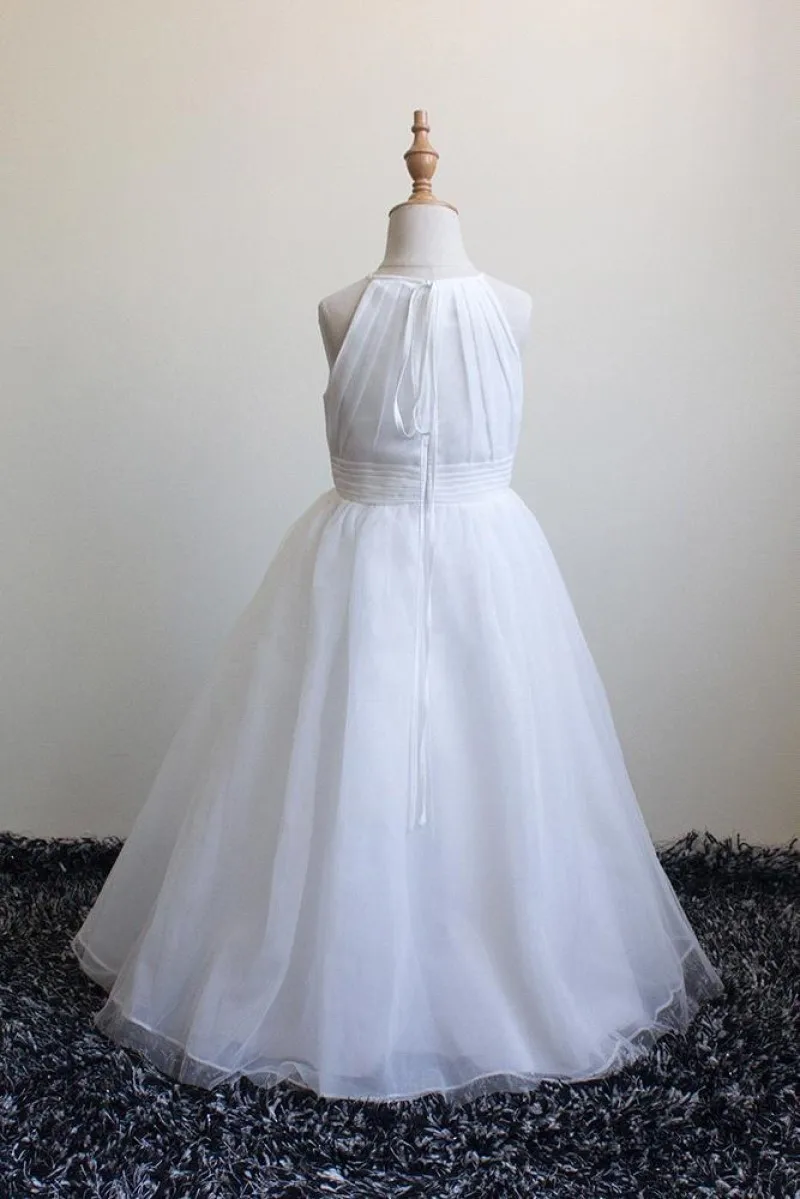 Robe de demoiselle d'honneur en mousseline de soie ivoire simple, licou en filet, robe de Rhjunior, fête d'invité de mariage
