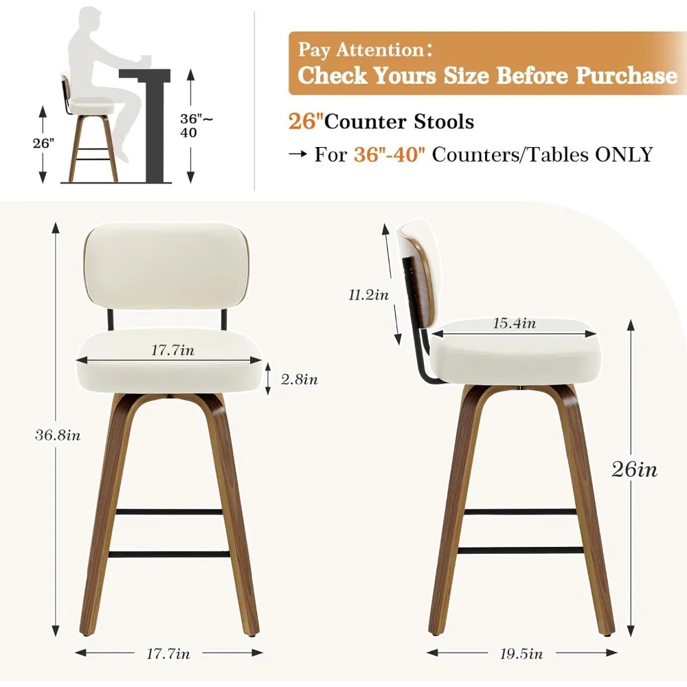 Swivel Counter Height Bar Stools Set of 4, 26" Upholstered Faux Leather Barstools with Back and Bent Wood Legs, Mid Century