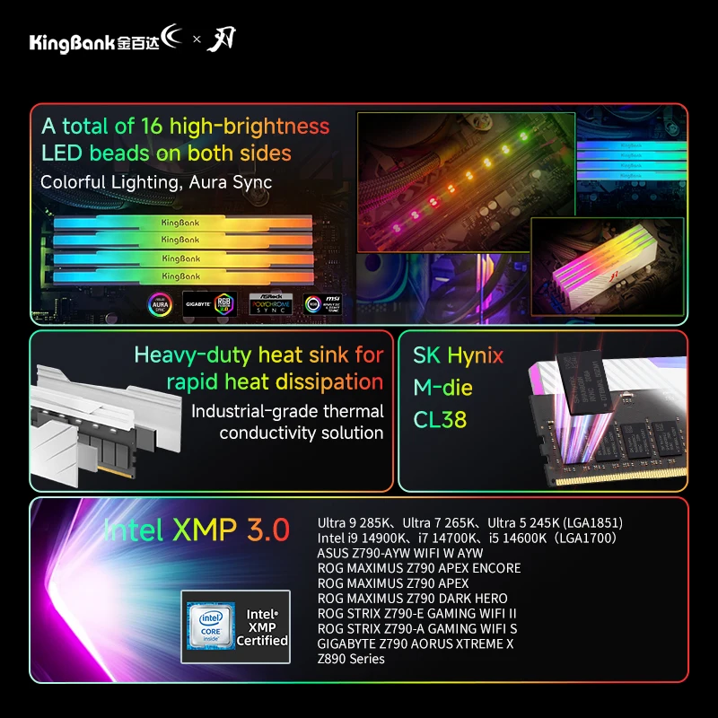 KingBank CL38 RGB Memoria Ram DDR5 RAM Speicher DDR5 RAM PC 24GBX2 48GB 8000MHz RAM für Desktop-Gaming-Computer Hynix M sterben