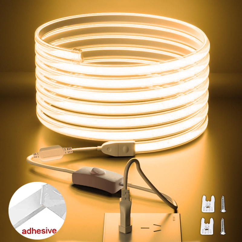 Светодиодная лента 220 В с переключателем ВКЛ/ВЫКЛ, светодиодная лента COB, водонепроницаемая, 288 светодиодов/м, гибкая лента, клейкая лента для спальни, открытого сада