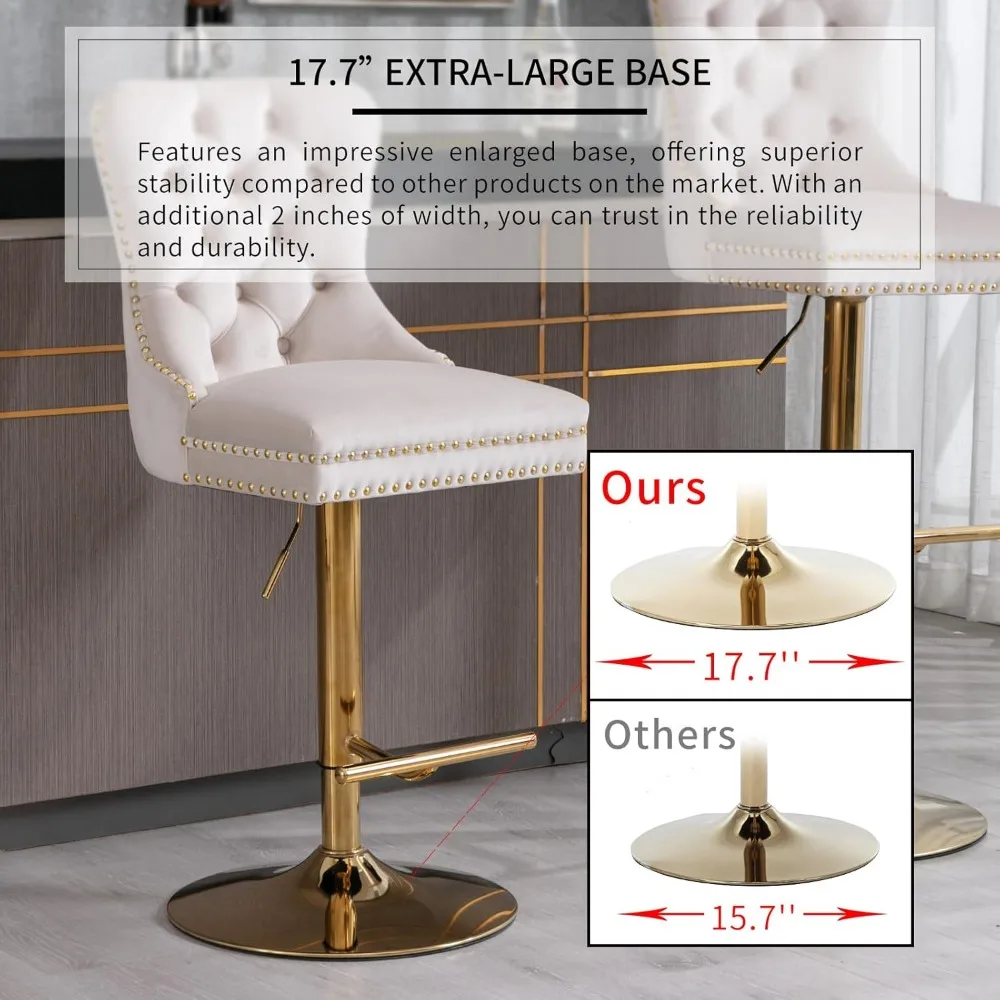 Beige Velvet Swivel Bar Stools Set of 4 with Upholstered Back, Adjustable Counter Height Barstools, Bar Chairs for Home Bar Kitc